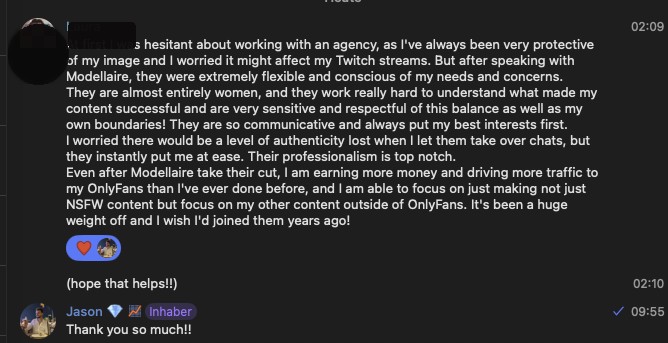 Censored Telegram testimonial about Twitch balance, a women-led team, and higher earnings after the cut