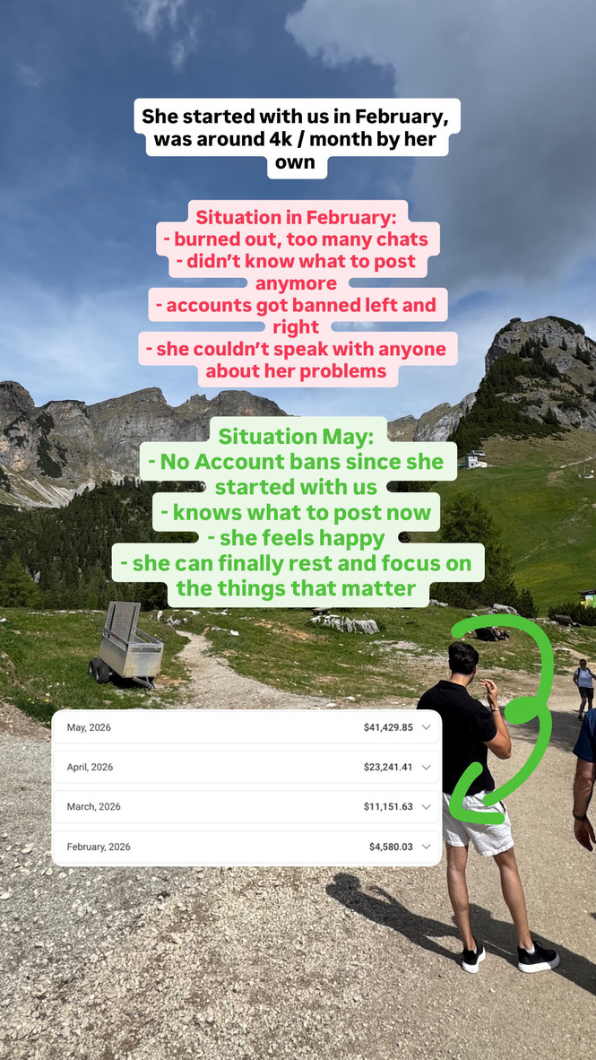 Creator story from February at about $4.5k a month to May at $41,429.85